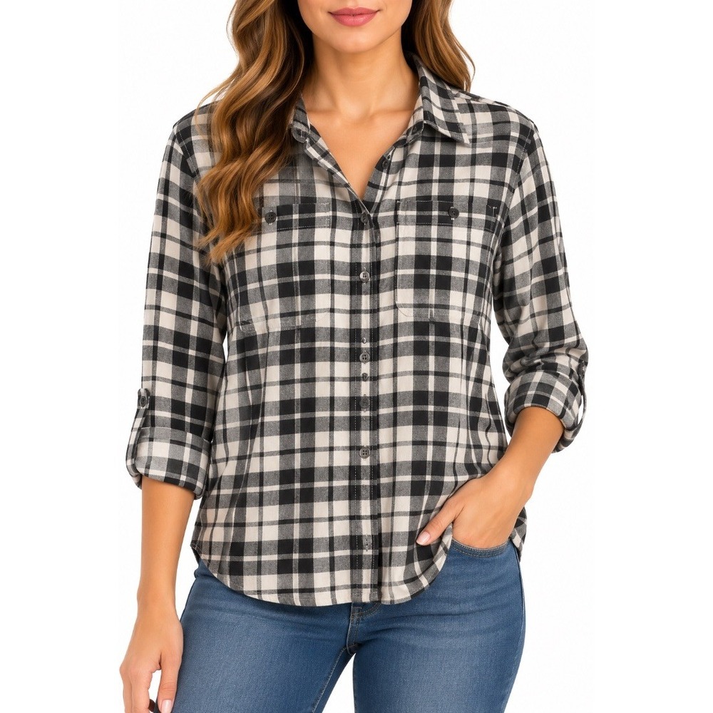 Chaps Womens Flannel Shirt Black White Plaid Button Down Long Sleeve Size L